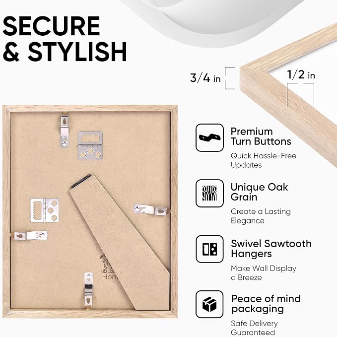 Homeforia 12x8 Picture Frame Wood, High End Natural Oak 12 x 8 Light Wooden Frames with Mat 6 by 8 inch Photo, 12by8 Frame Matted to 6x8 Art, Wall or Tabletop Frame, Tempered Glass, Wall Kit, Set of 1