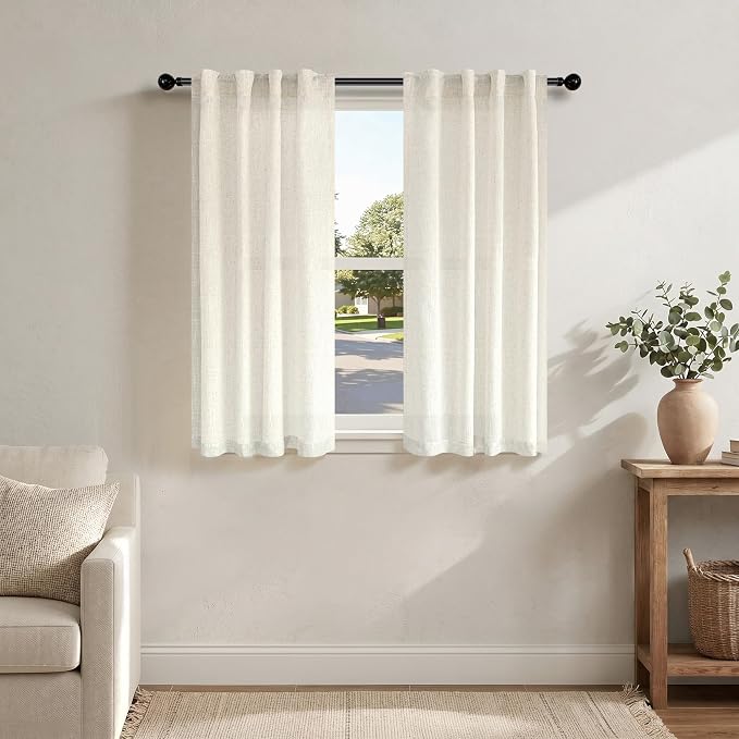 Natural Linen Semi Sheer Curtains 45 Inch Length 2 Panels Light Filtering Neutral Window Curtains for Bedroom Farmhouse Boho Kitchen Back Tab Rod Pocket Panels Ivory Cream Colored 36 x 45 Inches Long