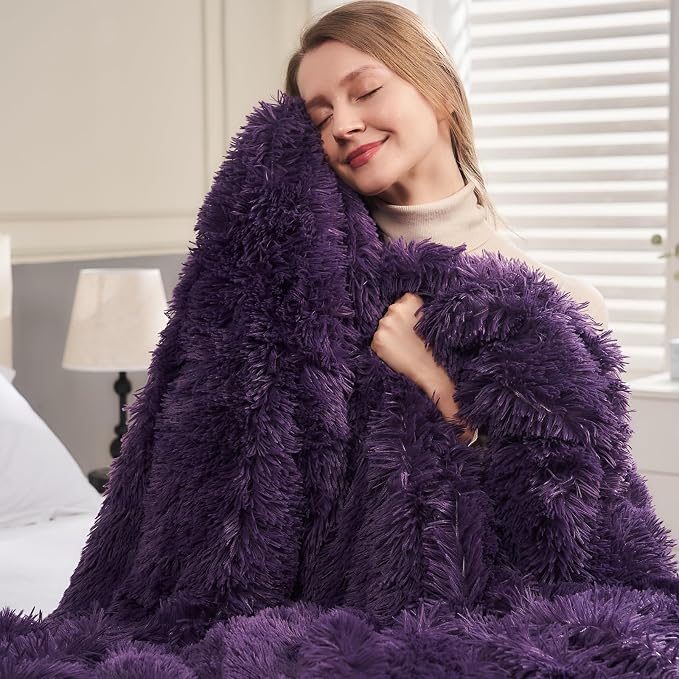 GONAAP Fuzzy Faux Fur Throw Blanket for Couch, Purple, 50"x60" | Warm Cozy Plush Shaggy Decorative Reversible Thick Non-Heated Fleece Blanket for Sofa Bed, Gift for Women Men, All Season Use