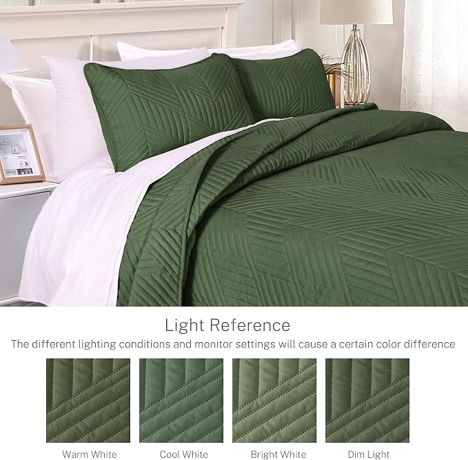 Exclusivo Mezcla Ultrasonic Twin Quilt Bedding Set, Olive Green | Lightweight Bedspreads, Soft Microfiber, Modern Geometric Coverlet, All Season Bed Cover, 1 Quilt and 1 Pillow Sham