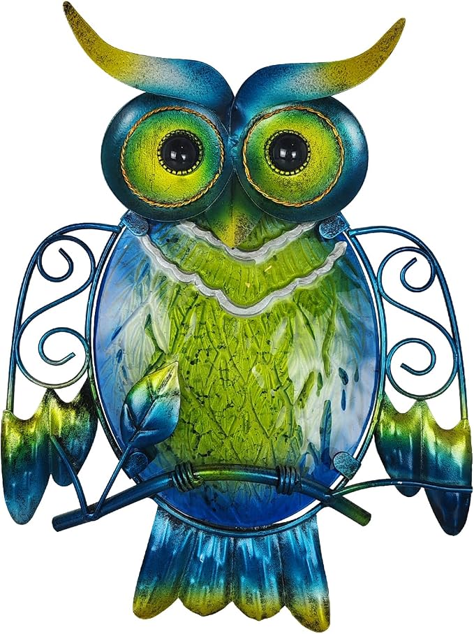 LIFFY Cute Metal Owl Wall Decor - Unique Outdoor Wall Art Decoration - Glass Hanging Wall Owl Decor Brighten Up Patio, Porch or Door, Garden Decoration, Birthday Gift Ideas