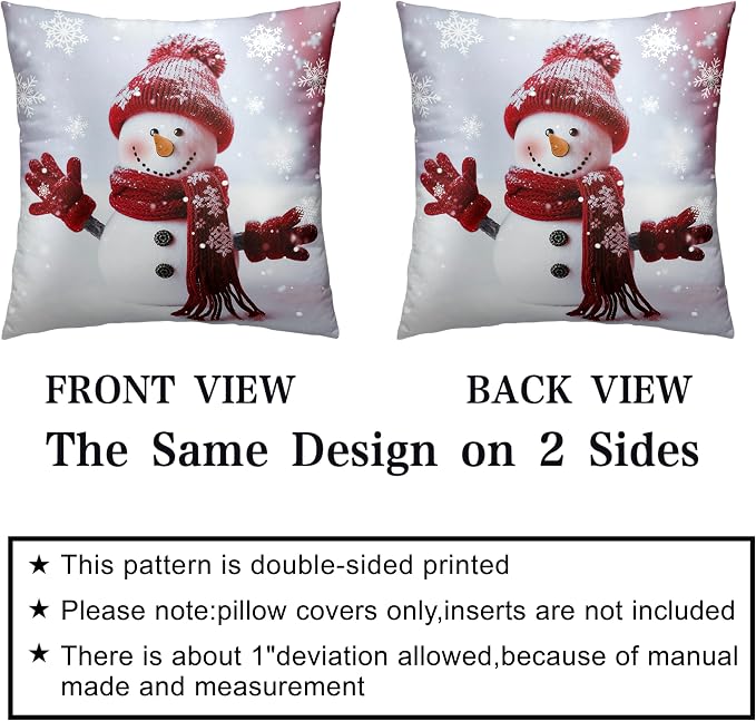 Red Snowman with Snowflake Throw Pillow Covers Snowman Pillow Covers 22x22 Set of 2 Christmas Winter Holiday Cushion Case for Couch Living Room Bedroom Sofa
