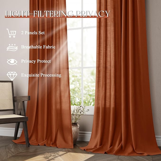 Jowels Terracotta Linen Curtains 105 Inch Long 2 Panels for Living Room | Burnt Orange Light Filtering Semi Sheer Curtain,Back Tab Pocket Pleated Look,Boho Textured Privacy Drapes for Bedroom Window