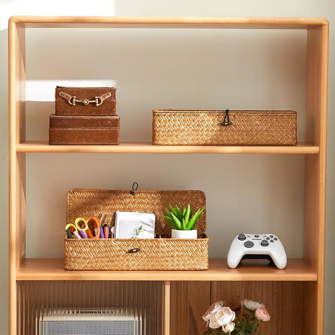 Nonam 3-Section Divided Storage Small Basket with Lid,Shelf Basket-Natural | Seagrass Organizer for Tea,Sugar,Coffee,Woven Shelf Bin for Closet,Toilet Tank,Rectangular Narrow Boho Basket Home Decor