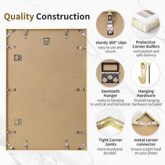 Fun Memories 17x22 Metal Picture Frame - High End Aluminum Frames with Real Glass for Diplomas, Certificates, and Wall Art, Mounts Horizontally or Vertically, Gold, 1 Pack