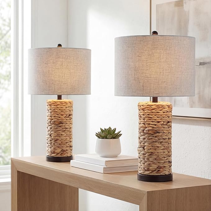 JONATHAN Y Elicia 25" Water Hyacinth Table Lamp, Natural, Set of 2