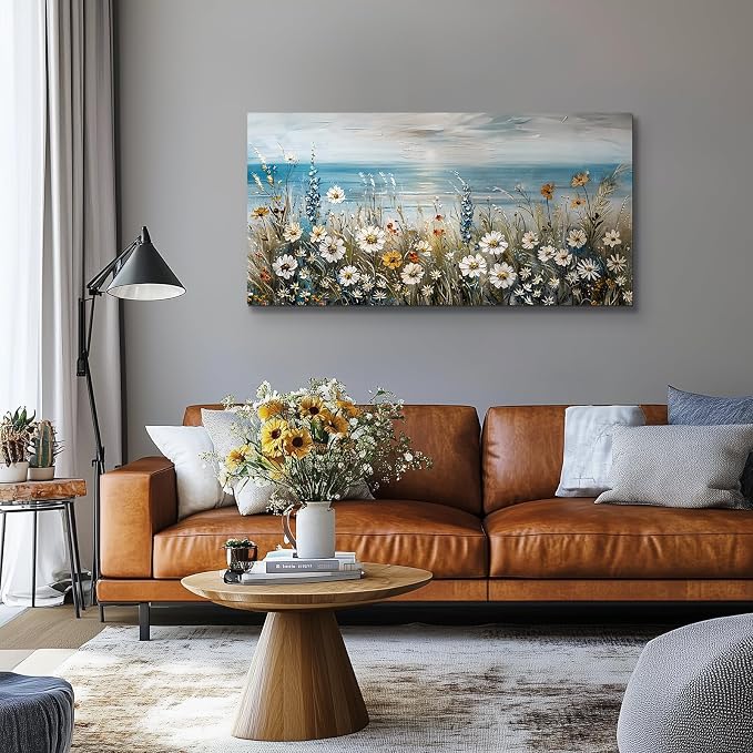 SERIMINO Coastal Landscape Wall Decor, Beach Daisy Canvas Prints 24"X48" | Large Beach Wall Art, Coastal Wildflower Daisy Artwork, Dining Room Kitchen Decor, Ready To Hang, Fade-resistant Inks