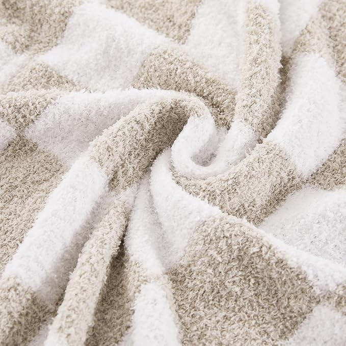 Checkered Throw Blanket for Couch, Soft Cozy Warm Knitted Blankets | Lightweight Fuzzy Travel Warm Decor for Women, Mom, Girls, Sofa, Chair, 50x70in, Taupe
