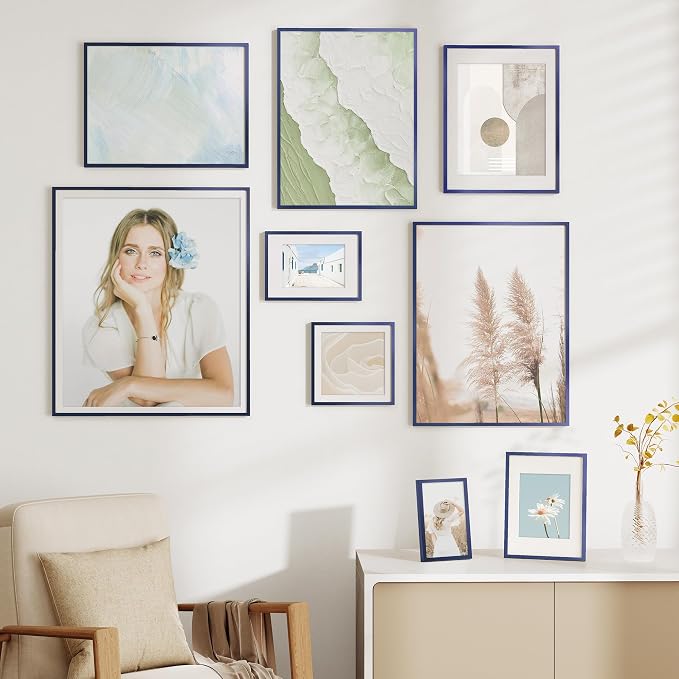 Fun Memories 8x10 Inch Metal Picture Frame - Aluminum Photo Frames - 5x7 Mat - Ideal for Wall or Tabletop Display - Wall Hook Hanging Hardware Included - Navy Blue - Set of 1