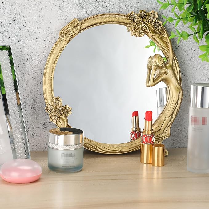 JUXYES Small Wall Mirror Decor Retro Gold Resin Beauty Girl Wall Mirror | Vintage Cosmetic Mirror with Decorative Frame - A Girl Looking In the Mirror, Unique Elegant Wall Mirror Gift for Women Girls