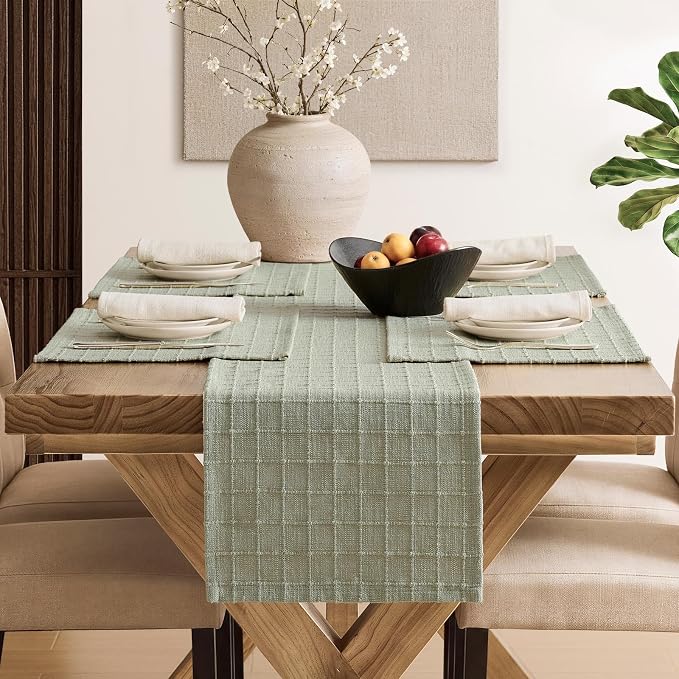 ZeeMart Artisanal Grid Linen Table Runner, 13x48 Inches Seeding Green | Heavy Textured, Durable Thick Fabric, Farmhouse Handwoven Feel Linen Runner, Easy Care Table Decor for Kitchen Dining Room