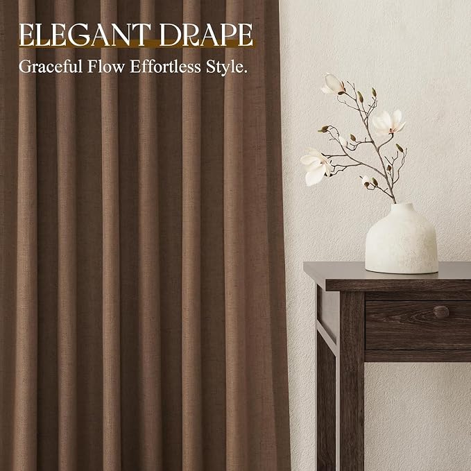 Jowels Caramel Brown Linen Curtains 90 Inch Long 2 Panels for Living Room | Light Filtering Semi Sheer Curtain, Back Tab Pocket Pleated Look, Boho Farmhouse Textured Privacy Drapes for Bedroom Window