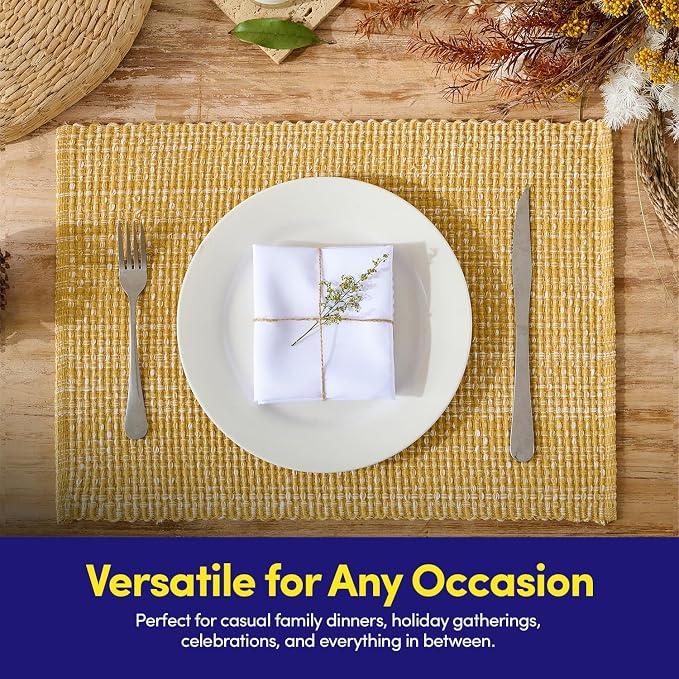 Sweet Home Collection 100% Cotton Placemats for Dining Room Rectangle Two Tone Woven Fabric 13" x 19" Soft Durable Table Mat Set, Set of 6, Gold