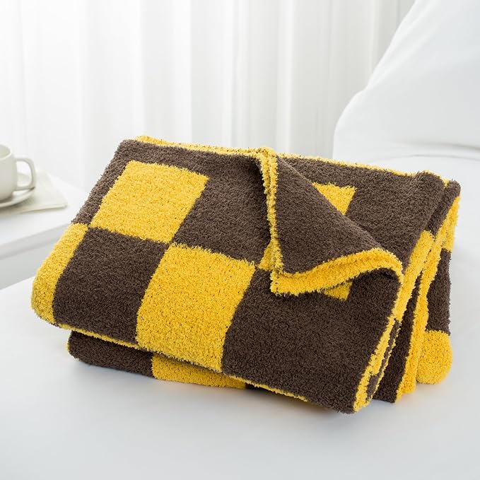 Carriediosa Checkered Throw Blanket 50x60, 400GSM Ultra Soft Microfiber | Yellow, Fuzzy Fluffy Cozy Plush Knit Knitted Plaid Checker, Lightweight Cute Preppy Fall Blankets & Throws for Couch, Bed