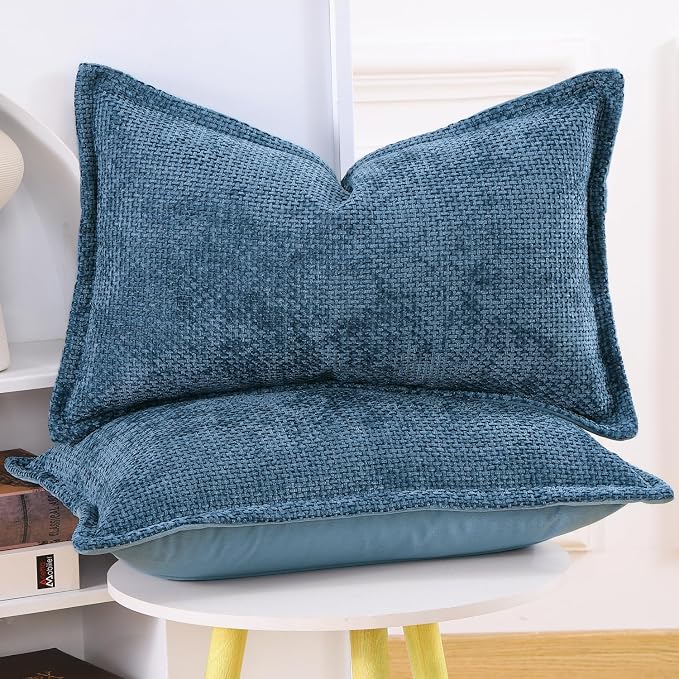 MADIZZ Decorative Chenille Velvet Throw Pillow Covers Set of 2 Soft Boho Textured Neutral Couch Throw Pillow for Bed Modern Farmhouse Home Decor for Sofa Livingroom Dark Blue 12x20 Inch
