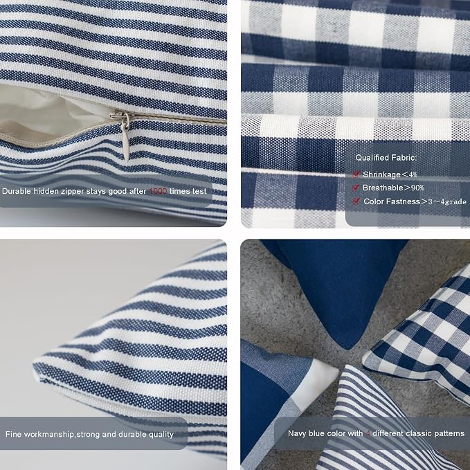 HOPLEE 20x20 Navy Blue Decorative Pillow Cover Set of 4 with Buffalo Plaid, Solid Navy, Tricking Stripe and Gingham Plaid Design