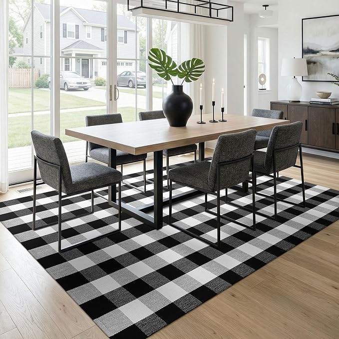 KOZYFLY Buffalo Plaid Area Rug 5x8 ft Living Room Rug, Black and White | Washable Checkered Rugs, Cotton Bedroom Rug, Woven Dining Room Rug, Indoor Outdoor Carpet for Farmhouse Patio Front Porch