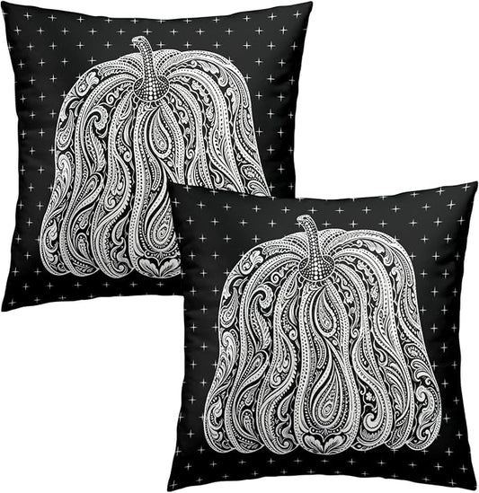 Black Pumpkin Pillow Covers Autumn Thanksgiving Throw Pillow Covers 20x20 Set of 2 Abstract Fall Pillow Cases Paisley Flower Cushion Cases for Home Farmhouse Sofa Couch