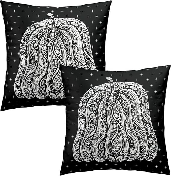 Black Pumpkin Fall Pillow Covers Autumn Thanksgiving Throw Pillow Covers 18x18 Set of 2 Harvest Pillow Cases Abstract Paisley Flower Cushion Cases for Sofa Patio Garden