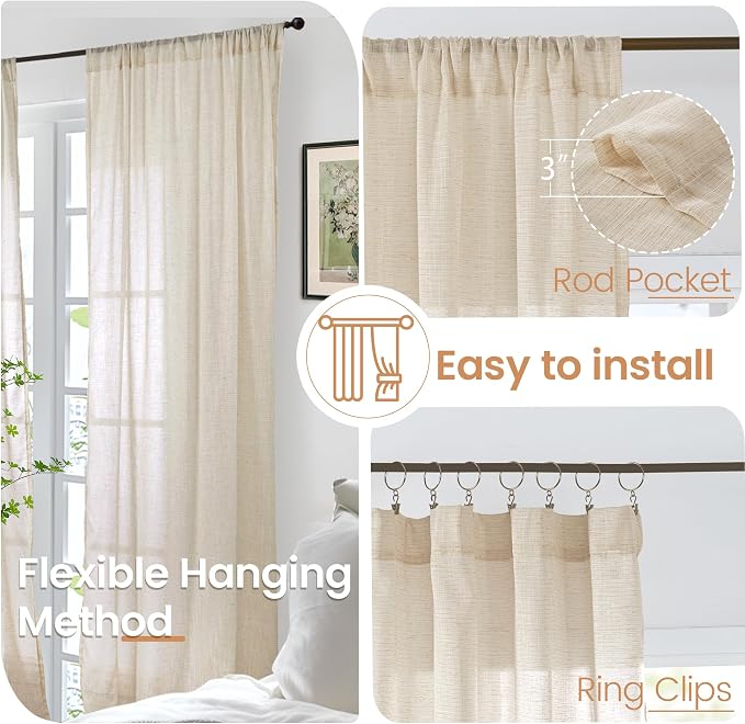 BGment Tan Burlap Linen Sheer Curtains 45 Inch Length for Short Window | Light Filtering Drapes with Rod Pocket for Living Room Bathroom Window Rustic Natural Lightweight, 2 Panels, 42 X 45 Inch