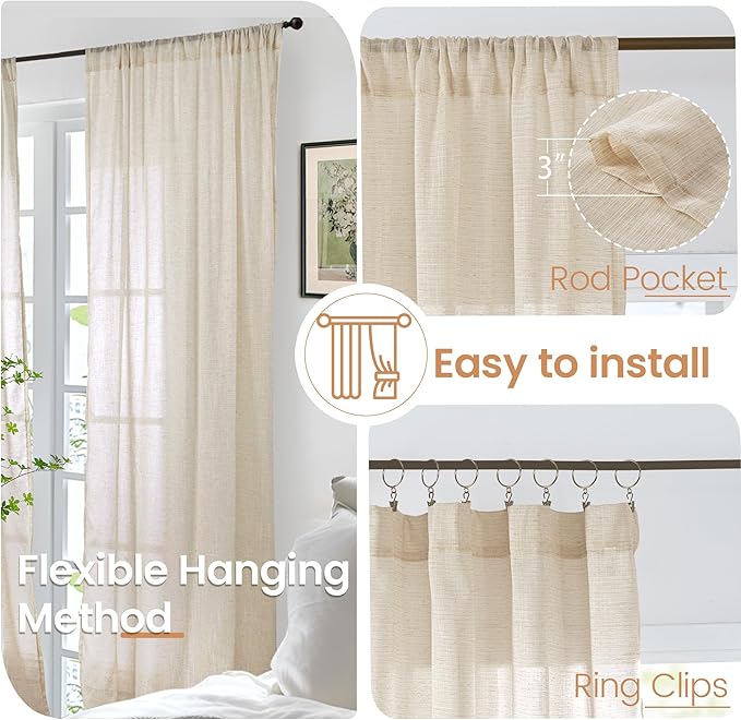 BGment 80 Inches Long Natural Linen Curtains 2 Panels Set - Burlap Light Filtering Window Drapes with Rod Pocket Semi Sheer for Farmhouse Bedroom Decor Rustic, 52 Inch Wide Each Panel