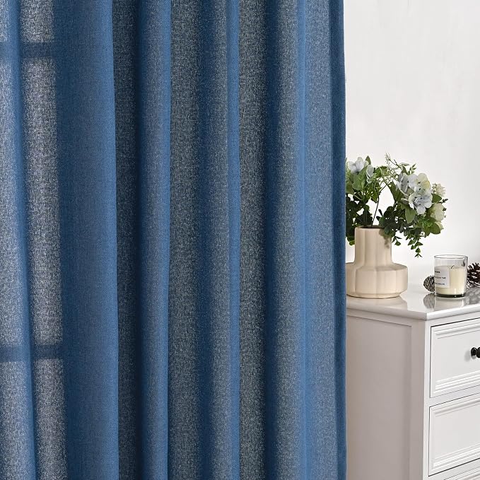 YoungsTex Navy Linen Curtains 90 Inch Length for Living Room, Dark Blue Semi Sheer Drapes with Rod Pocket Back Tab Light Filtering for Office Bedroom Windows, 2 Panels, 52 X 90 Inch