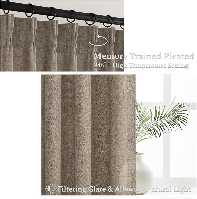 Custom Heavy Linen Pinch Pleated Kitchen 54 Inch Curtains 2 Panels Set, Dark Tan Boho Memory Trained Privacy Short Sheer Curtains Let The Light in Bedroom with Hooks Sunroom Flax Pleat Window Drapes