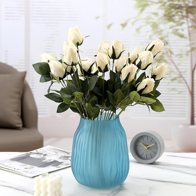 Frosted Blue Ribbed Glass Vase 8in Boho Elegant Decorative Vases for Home Flowers Arrangements, Centerpieces, Dinner Table and Modern Decor