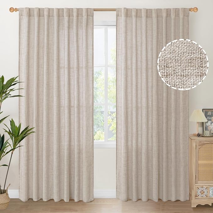 YoungsTex 60 Inch Wide Natural Linen Curtains 84 Inch Length 2 Panels | Semi Sheer Drapes with Back Tab Rod Pocket for Farmhouse Dining Bedroom Light Filtering, 60 X 84 Inch