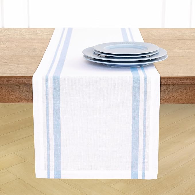 Solino Home 100% Pure Linen Table Runner, 14 x 132 in, Blue, French Stripe | styles dining tables for meals and celebrations, woven stripe, European flax fibres, betters with age, OEKO-TEX Certified