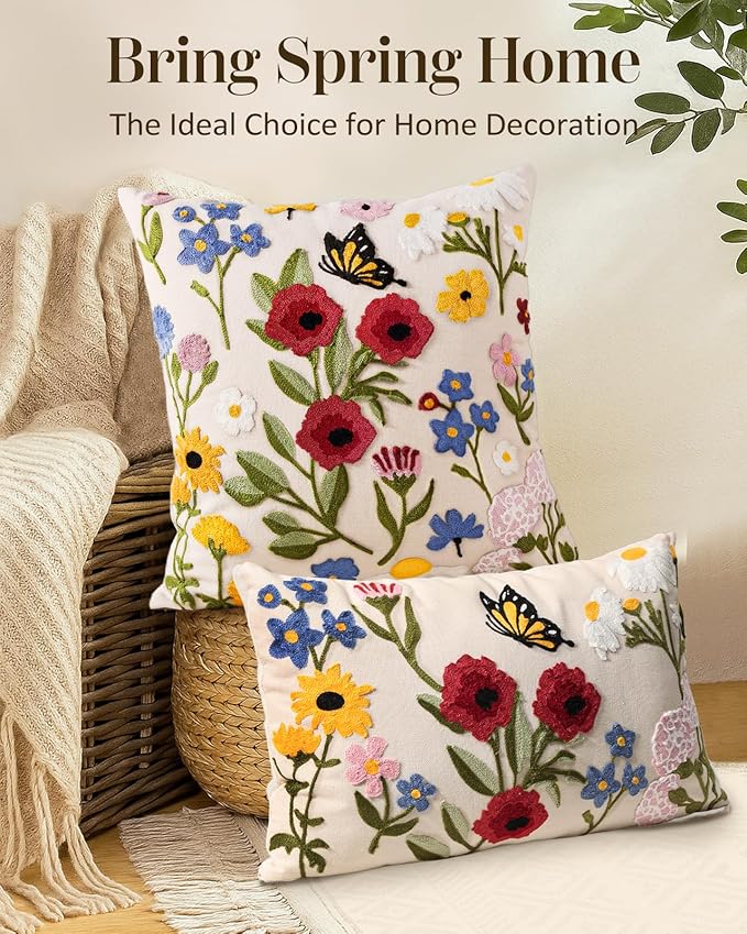 Embroidered Lumbar Pillow Cover 20x12 Inch, Retro Flower | Decorative Throw Pillow Cover, Vintage Boho Cushion Case with Hidden Zipper, Floral Decor for Couch, Sofa, Living Room, Bed