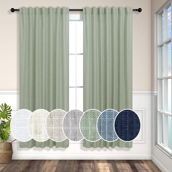 Sage Green Curtains 72 Inch Length for Bedroom 2 Panel Set Rod Pocket Back Tab Drapes Semi Sheer Light Reducing Linen Blend Woven Light Green Curtain for Living Room Dividing Closet Laundry 52X72 Long