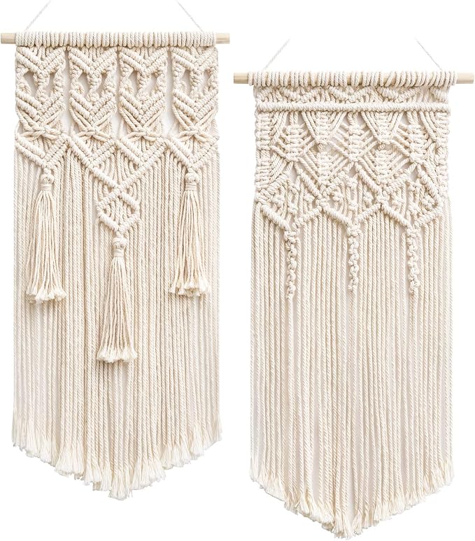 Mkono 2 Pcs Macrame Wall Hanging, Boho Woven Chic Tapestry Decor, Ivory