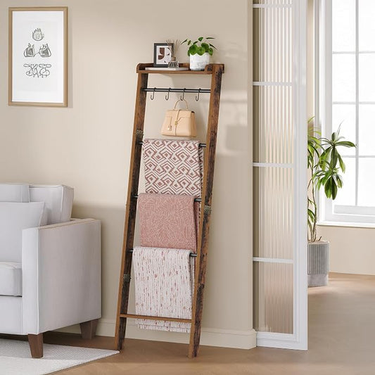 Hzuaneri Blanket Ladder Shelf, Farmhouse Ladder Holder, Blanket Organizer | 6-Tier Decorative Quilt Rack with 4 Removable Hooks 7.9" D x 17.3" W x 63.4" H, Rustic Brown BR35801B
