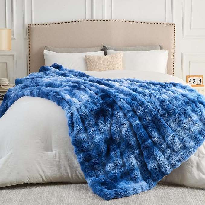 NEWCOSPLAY Faux Fur Bubble Twin Blanket for Couch, Tie-Dye Indigo, 60"x80" | Fluffy Soft Thick Warm Bubble Blanket for Couch Sofa Bed 700GSM, Plush Cozy Luxury Decorative Throw, Gift for Women Men