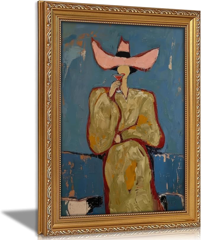 Vintage Gold Framed Bar Wall Art, Modern Western Cowgirl With Martini Canvas Print, Red and Pink Abstract Woman Painting Picture, Cocktail Poster Print Artwork for Kitchen Dining Room Home Bar