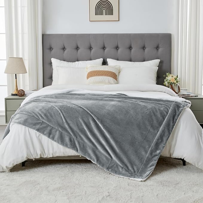 SOCHOW Waffle Sherpa Fleece Throw Blanket, Super Soft Fuzzy Warm, Lightweight Fluffy Reversible Plush Blanket for Bed Sofa Couch, 60 x 80 Inches Grey