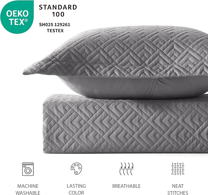 EXQ Home Quilt Set Queen Size Summer Squares Pattern Grey Bedspread | Bedding Set For All Season Use, Soft & Breathable Coverlet,3-Piece Set Includes 2 Shams, Machine Washable