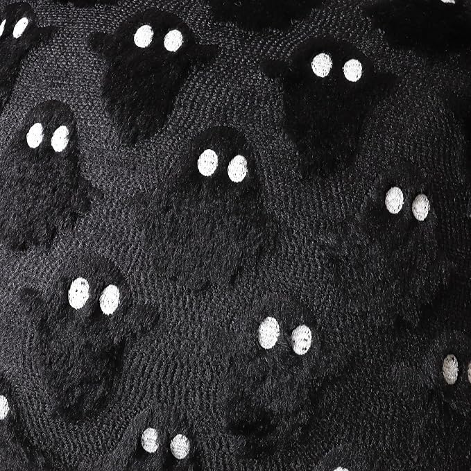 4TH Emotion Halloween Ghost Decorative Pillow Covers 18x18 Set of 2, Black Soft Plush Faux Fur Farmhouse Throw Cushion Cases for Fall Autumn Holiday Home Decorations