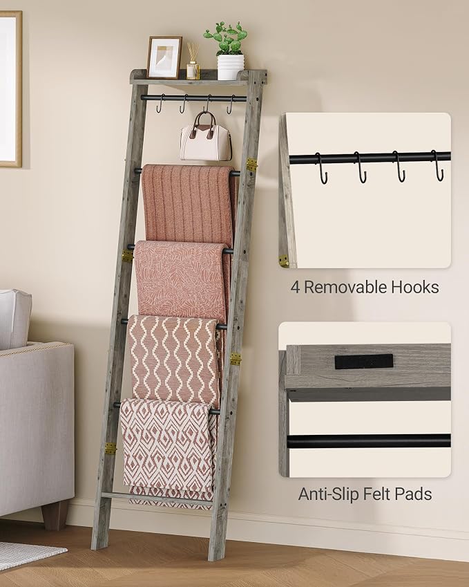 Hzuaneri Blanket Ladder Shelf, Farmhouse Ladder Holder, Blanket Organizer | 7-Tier Decorative Quilt Rack with 4 Removable Hooks 7.9" D x 17.3" W x 66.9" H, Greige BR36805B