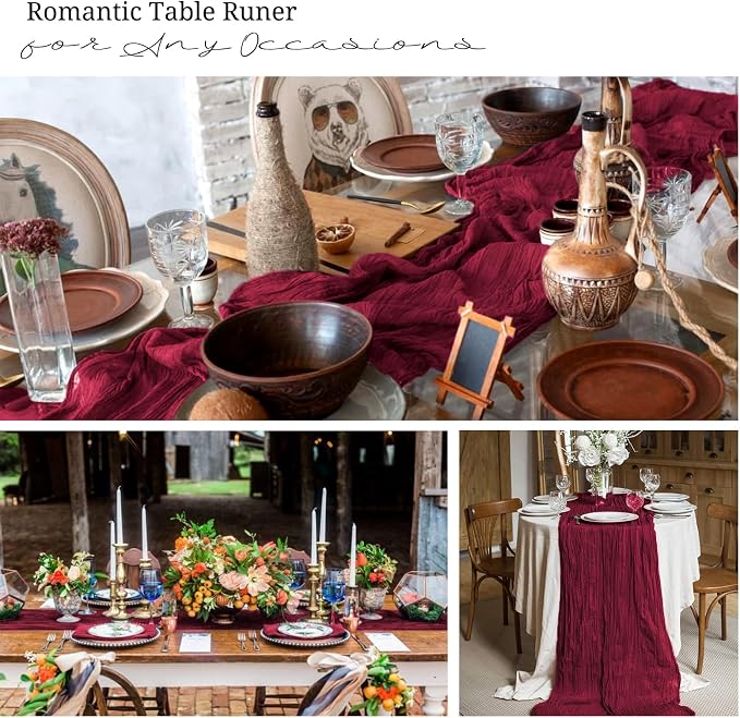 10 Pack Burgundy Cheesecloth Table Runner 17x108 Inch Boho Gauze Cheese Cloth Table Runners for Wedding Party Baby Shower Birthday Home Decor