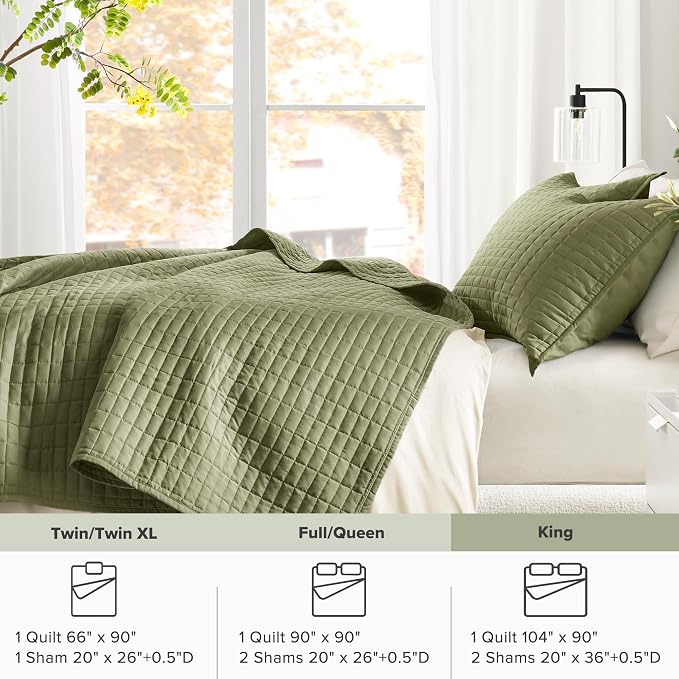 Comfort Spaces Kienna King Quilt Bedding Set 3 Piece, 104"x90" Olive Green | Soft Cozy Lightweight Summer Coverlet Cal King, Quilted Bedspreads Extra Layer, Modern Casual Bedroom Decor, OEKO-TEX
