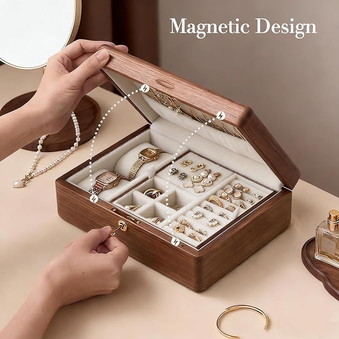 Bescott 2 Layer Solid Black Walnut Wooden Jewelry Box with Lock and Key for Women Wood Vintage Organizer for Men Earrings Rings Necklaces Bracelet Watch Storage