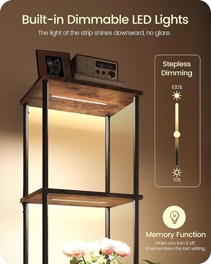 Display Shelf with Light, 5-Tier Modern Shelf Lamp, Corner Floor Lamp with Shelves, Dimmable LED Floor Lamp for Living Room with Remote, 3CCT, Timer, Wooden Corner Shelf Lamp, F52LD05