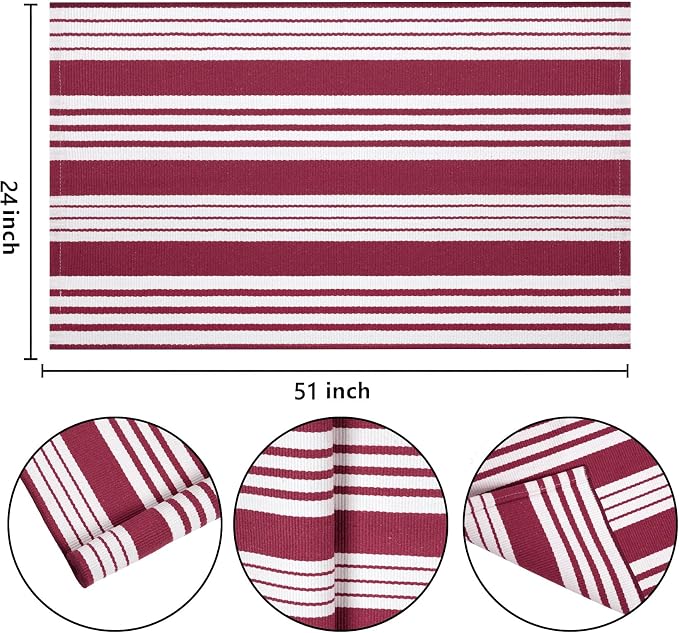BUAGETUP Red and White Outdoor Rug 24"x51"Washable Front Porch Rug | Hand-Woven Cotton Farmhouse Layered Doormat Combined With Hello Welcome Mat