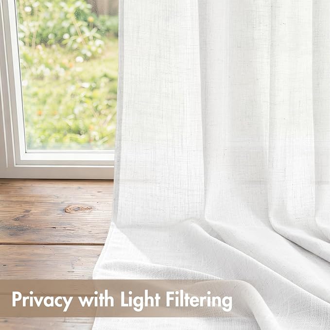 MIULEE White Back Tab Linen Curtains 4 Panels 42W x 102L | Linen material, light filtering, rod pocket back tab hanging, farmhouse decor for living room bedroom