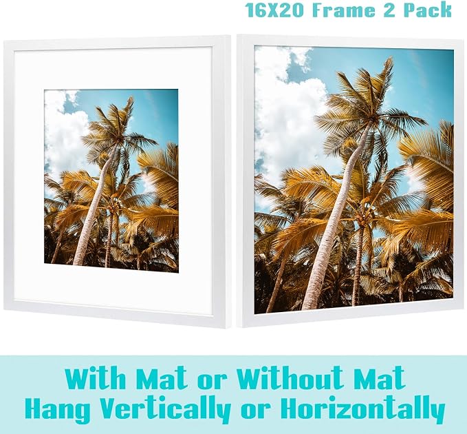 Frametory 16x20 White Picture Frame with Real Glass Mat for 11x14