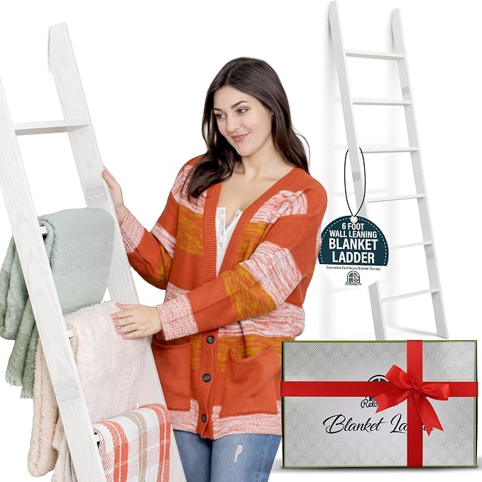 Blanket Ladder for the Living Room and Bedroom, Quilt Rack, 6-Tier, White | 5ft 8 inch, Wall Leaning Blanket Holder, Laminate Snag Free, Rustic Decorative Farmhouse Ladder Shelf for Blankets