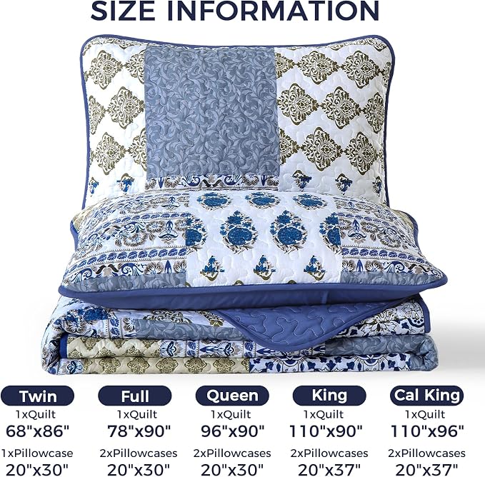 Mybedsoul Boho Quilts Queen Size, Floral Patchwork Bedding Set, Aqua Blue | Soft Lightweight Microfiber Coverlet Set, 3 Pieces Plaid Reversible Bedspread, Bed Sets for All Seasons 96"x90"