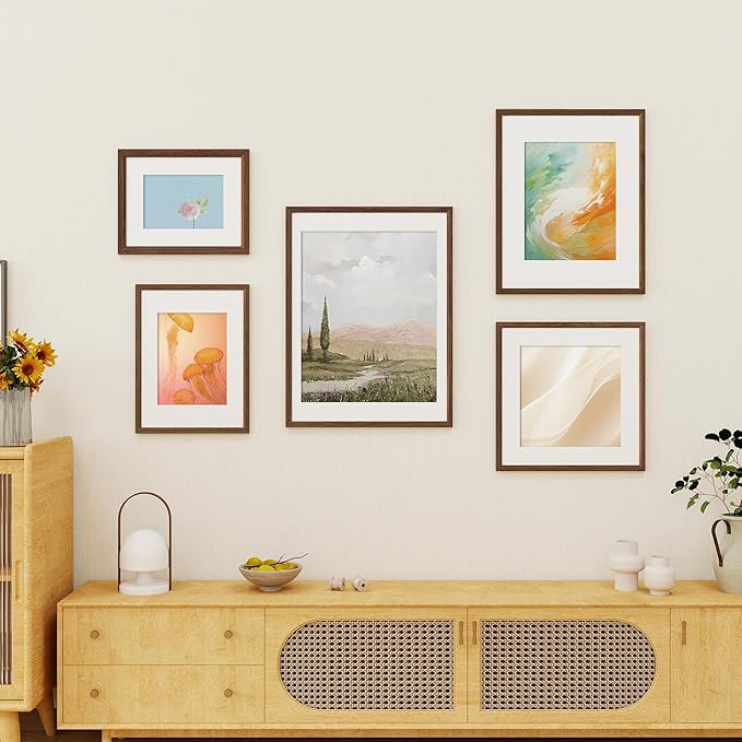 Fun Memories 12x16 Picture Frame, Solid Oak Wood Modern Photo Frame for Wall 12x16 with 8.5x11 Mat, High Definition Plexiglass & Wall Hook Included (Walnut, 3 Pack)
